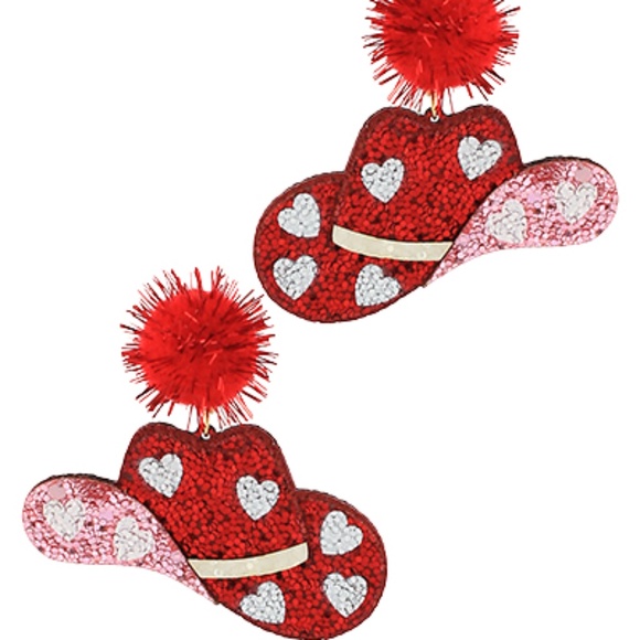 Western Hat PomPom Earrings - Picture 2 of 2